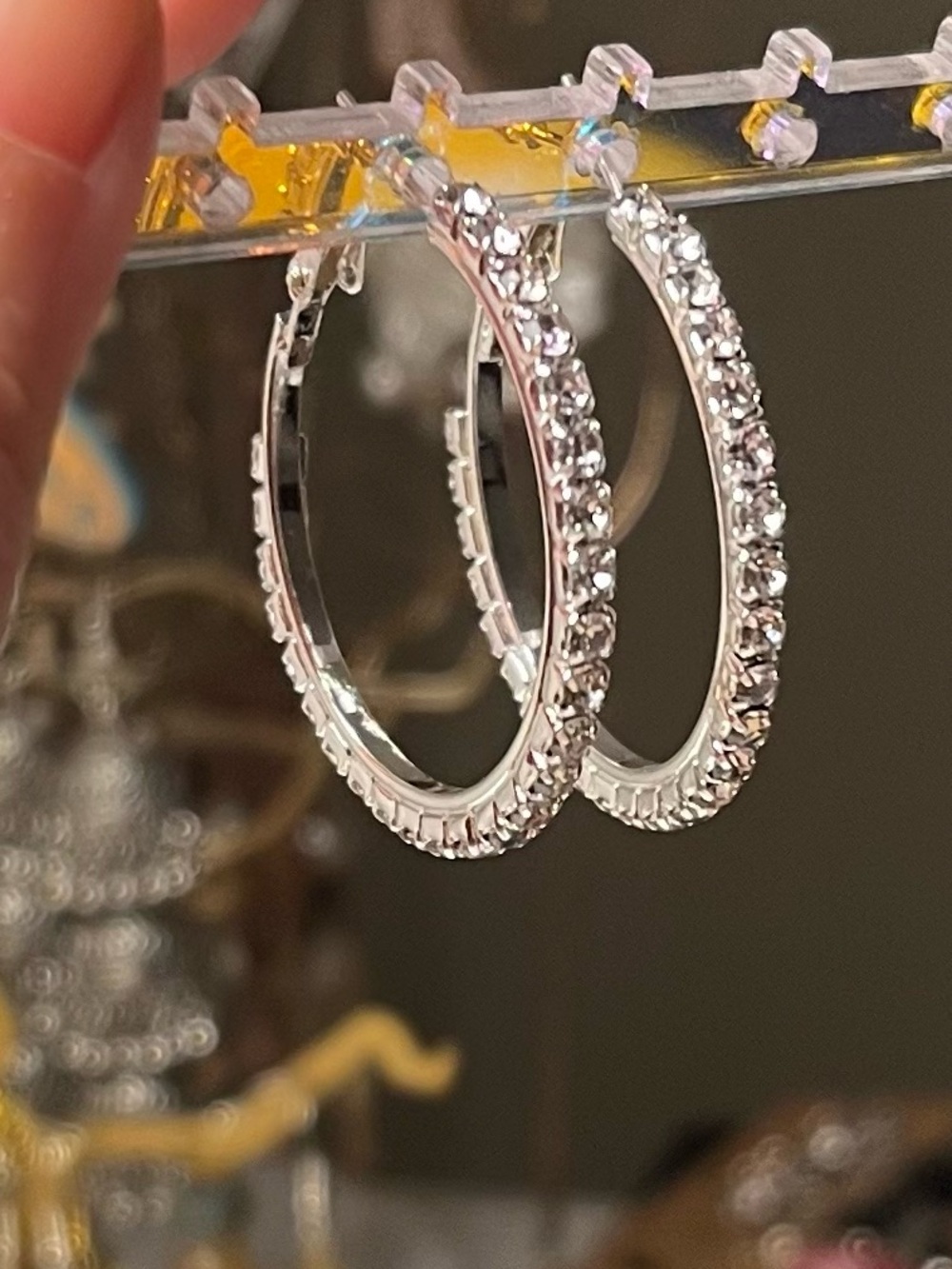 Silver Tone Stone Hoop Earrings
